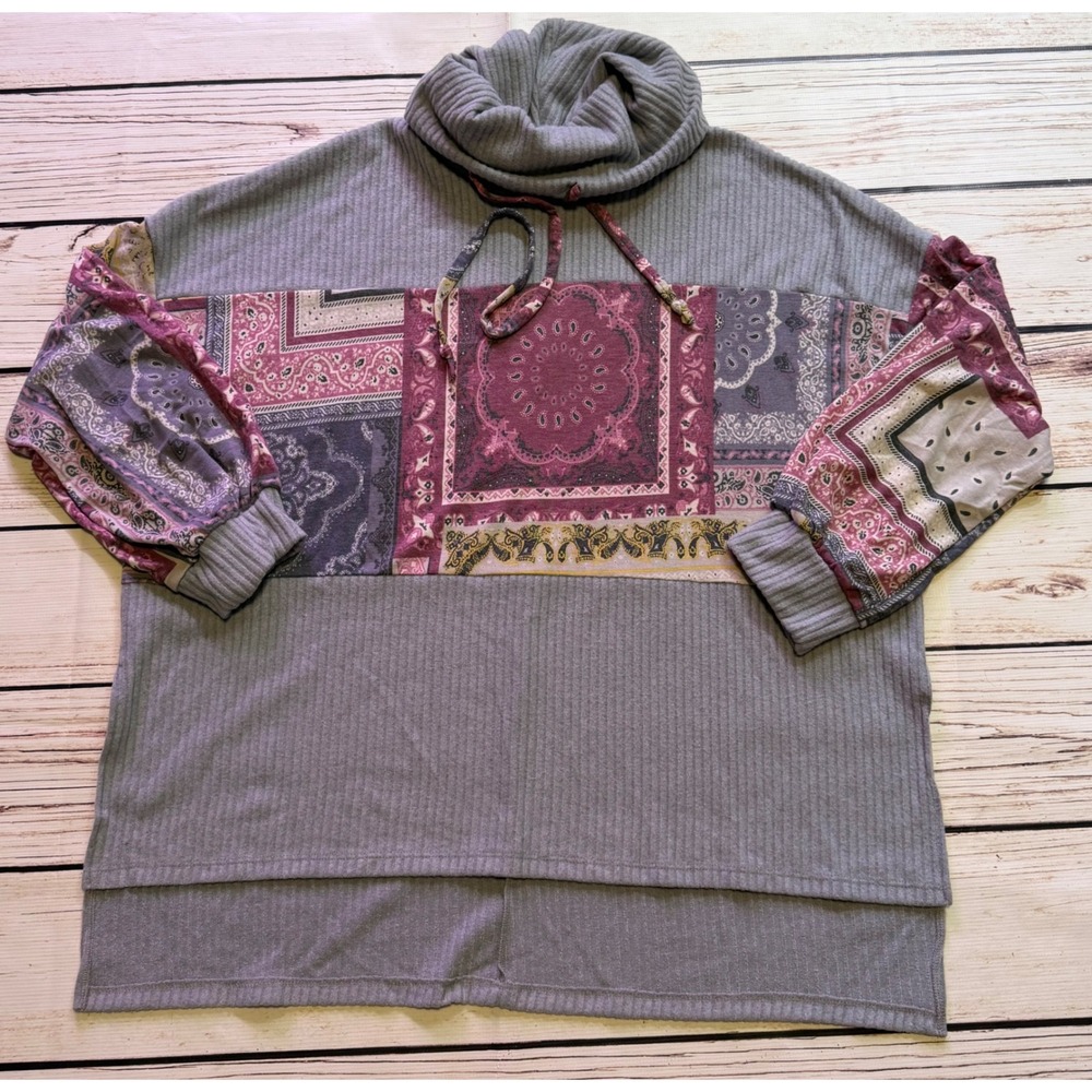 White Birch Grey Ribbed Bandana Patchwork Cowl Neck Pullover Top 3X Boho Paisley